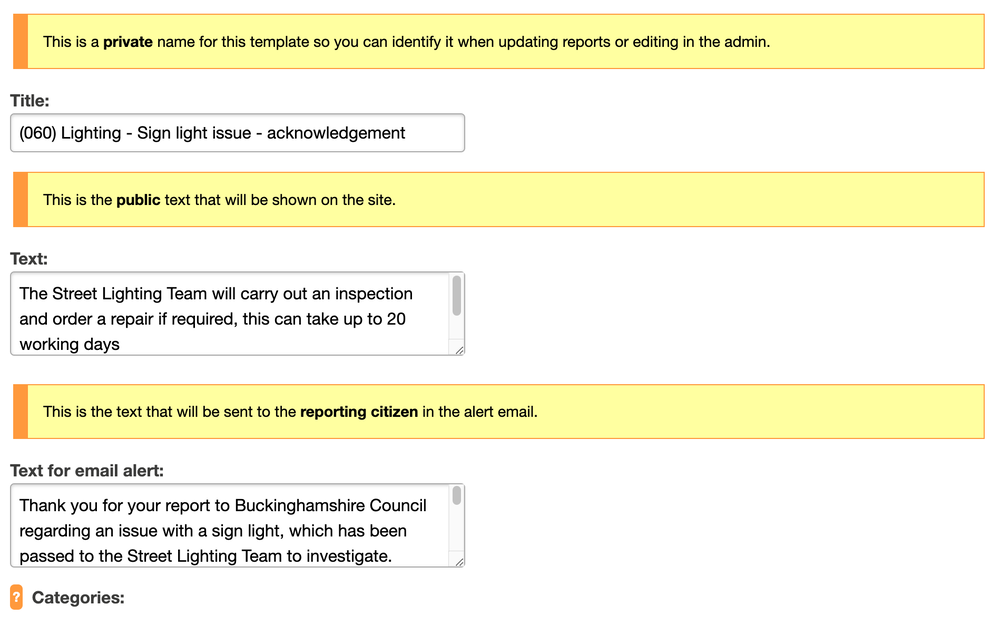 You can input different text to be displayed on the public report and the email sent to the report-maker